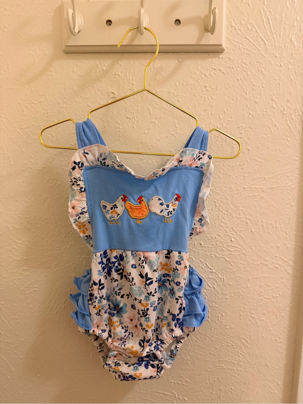 Girls' Blue Floral Hen Applique One-Piece